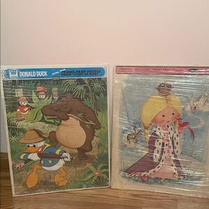 Set of 2 Vintage Pre School Frame Tray Puzzles Disney Donald Duck & Princess Set